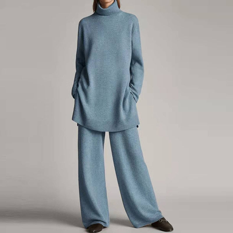 Women's 2-Piece Turtleneck Loungewear Set with Wide-Leg Pants
