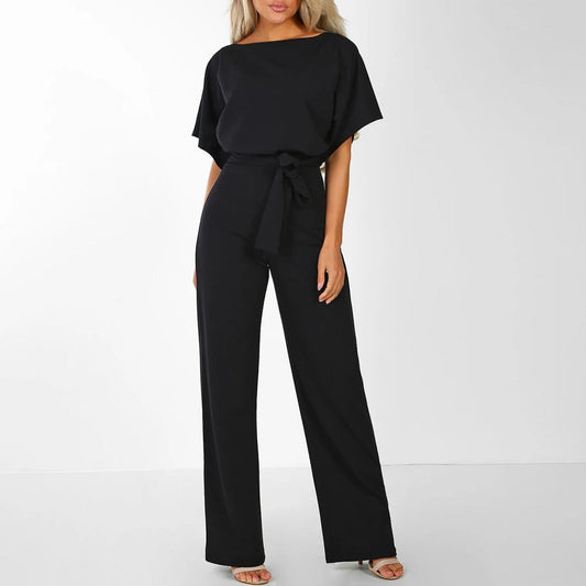 Women's Elegant Belted Jumpsuit with Wide-Leg Pants