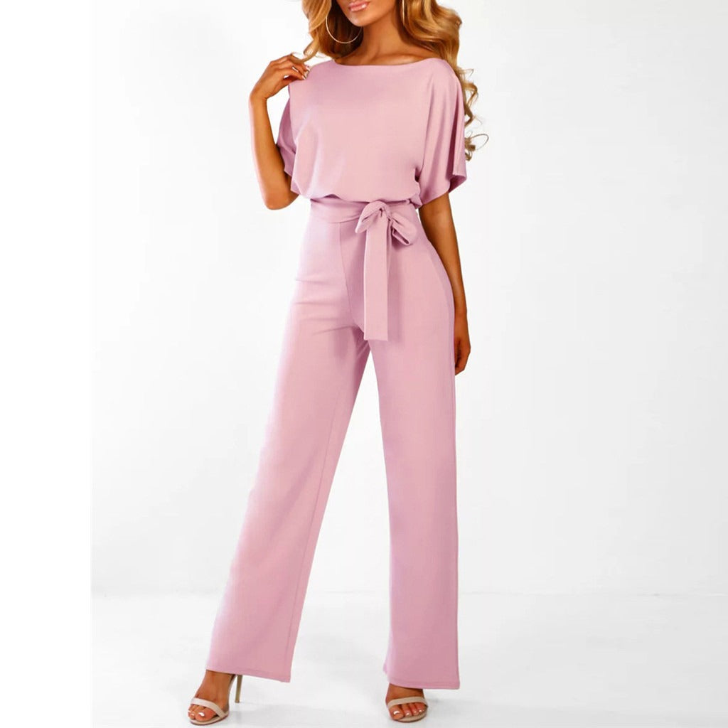 Women's Elegant Belted Jumpsuit with Wide-Leg Pants