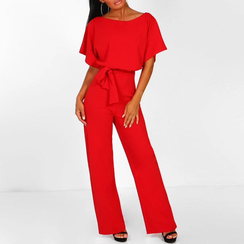 Women's Elegant Belted Jumpsuit with Wide-Leg Pants