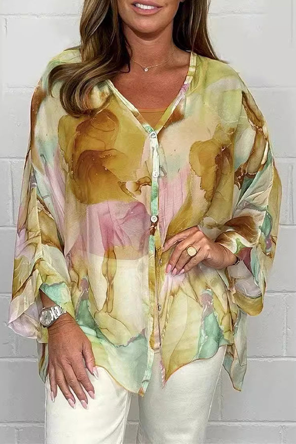 Women's Loose Button-Up Blouse with Watercolor Print