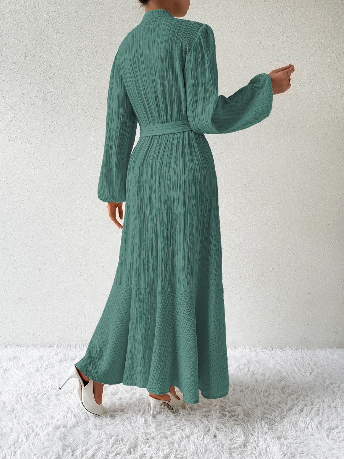 Women's Long-Sleeve Buttoned Maxi Dress with Waist Tie