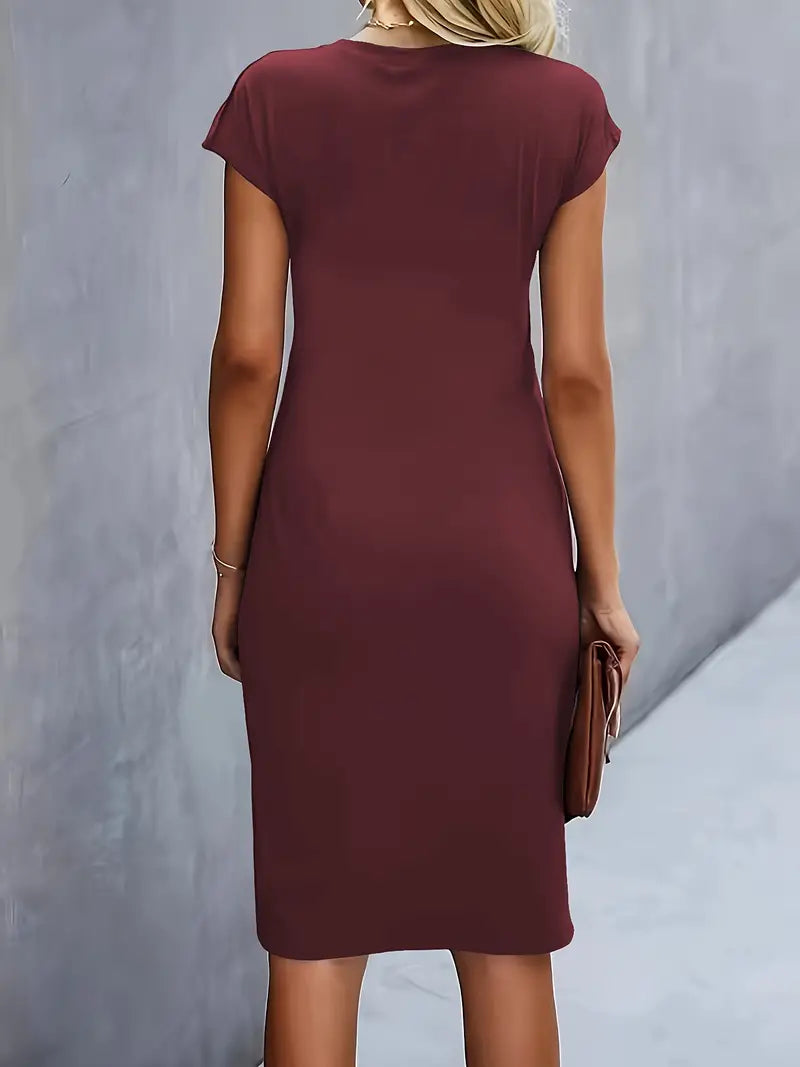 Women's Knee-Length Sheath Dress with Ruched Waist and Cap Sleeves
