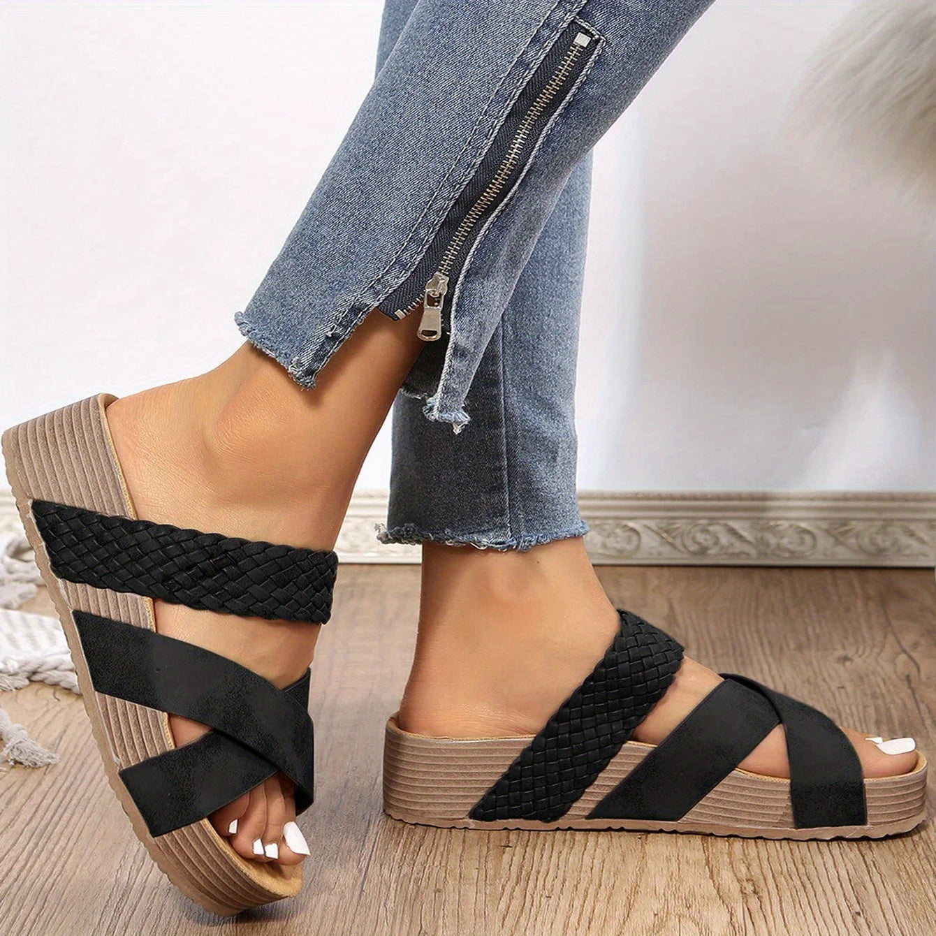 Women's Slip-On Wedge Sandals with Braided Crossover Straps
