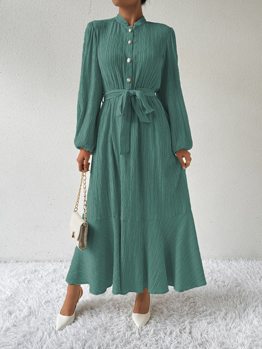 Women's Long-Sleeve Buttoned Maxi Dress with Waist Tie