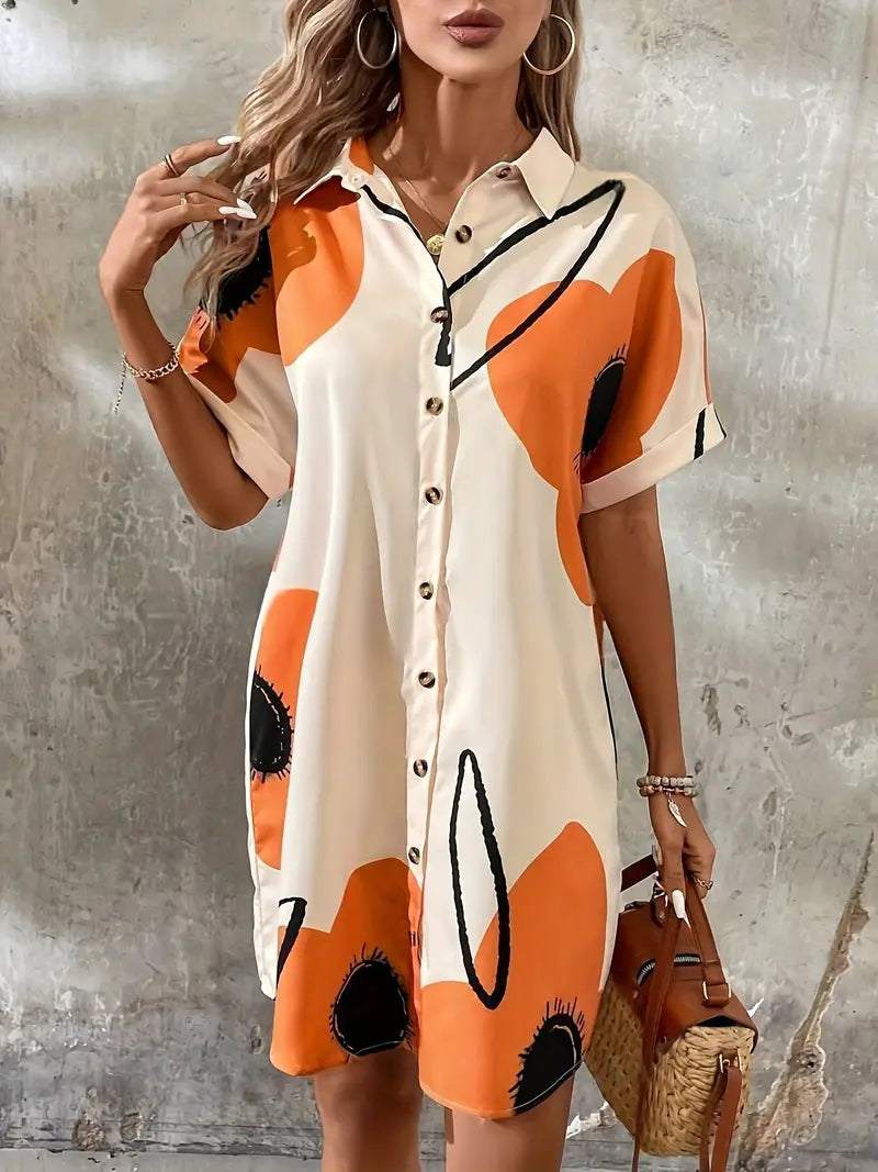 Women's Shirt Dress with Abstract Print and Button Front