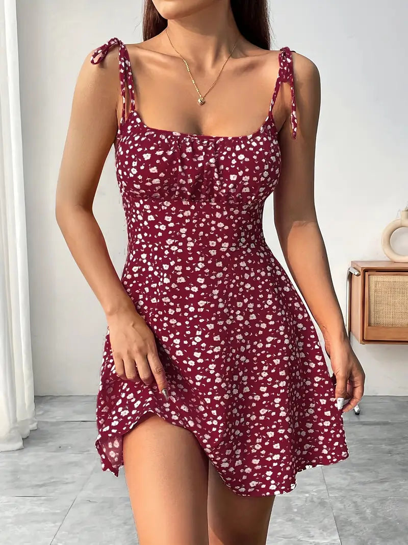 Women's Mini Dress with Floral Print and Tie Straps