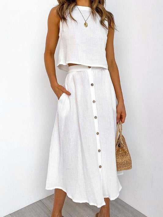 Women's Two-Piece Sleeveless Top and Button-Front Midi Skirt Set