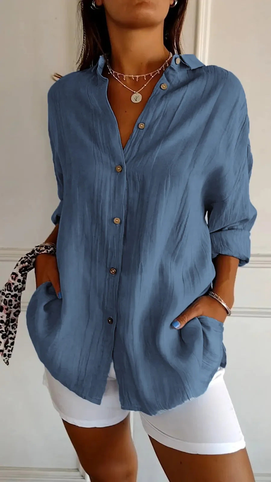 Women's Button-Down Shirt with Lapel and Long Sleeves
