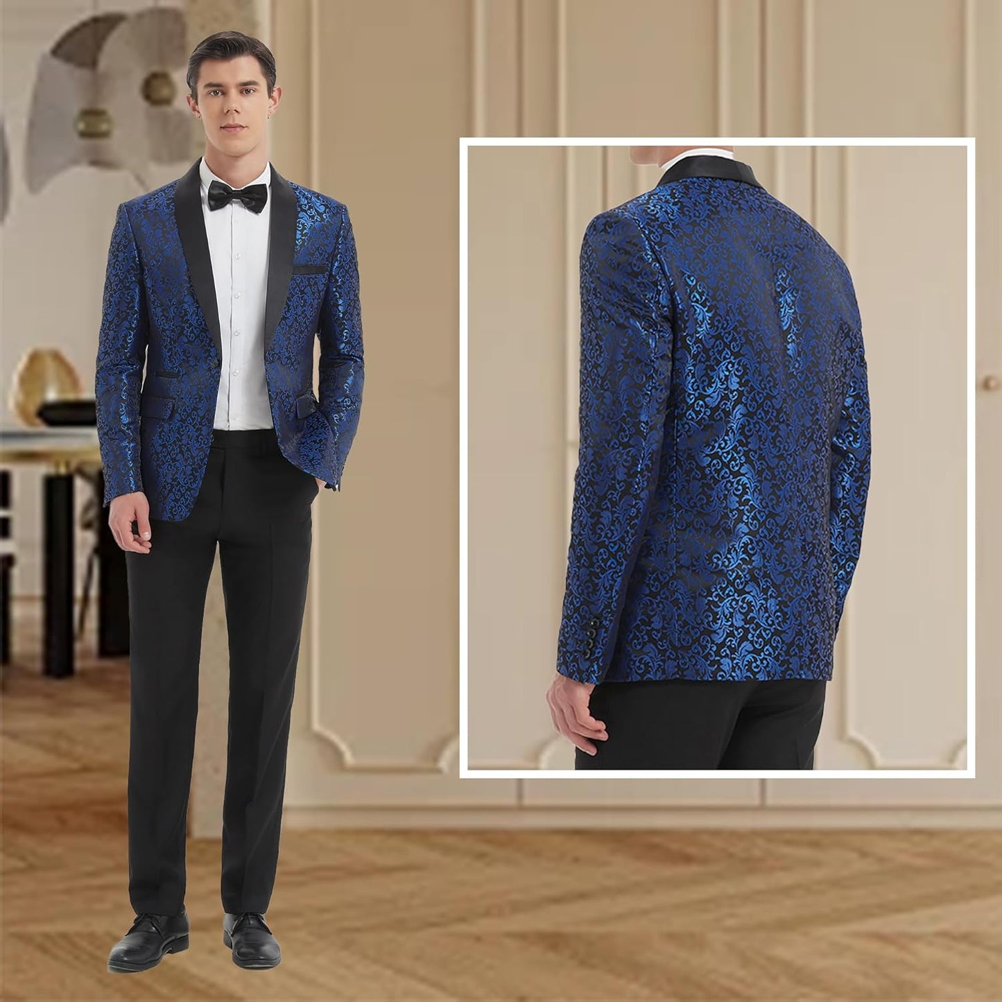 Men's Tuxedo Suit with Shiny Lapel and Patterned Blazer Two Piece Set