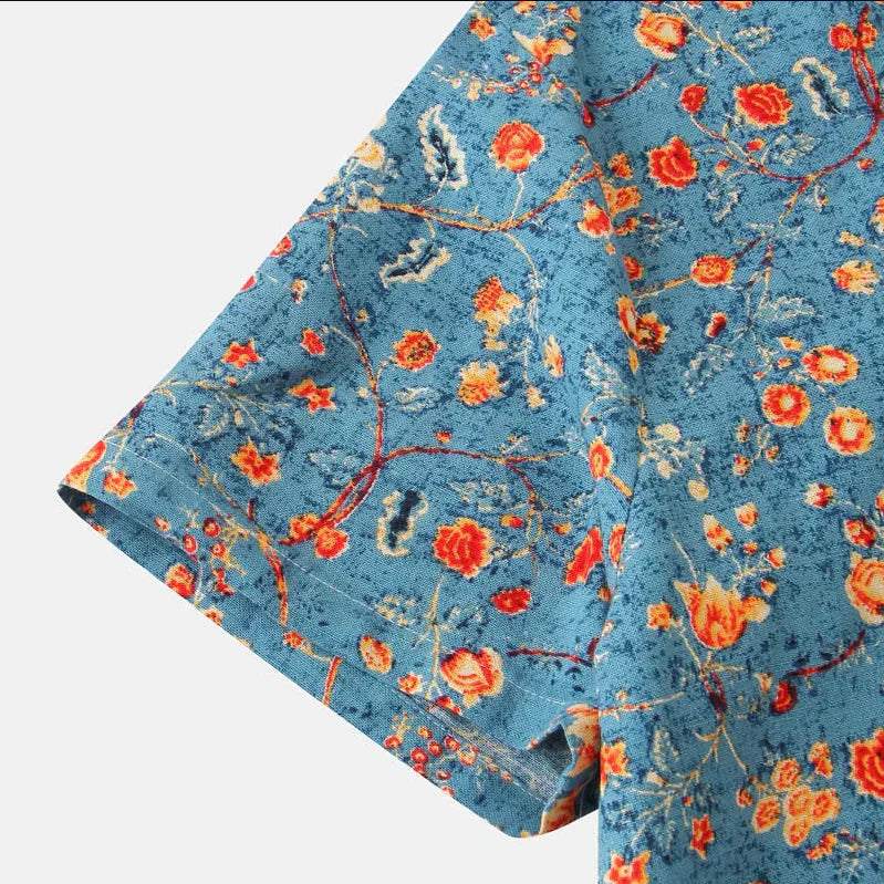 Men’s Floral Short Sleeve Shirt – Casual Summer Beach Shirt with Band Collar