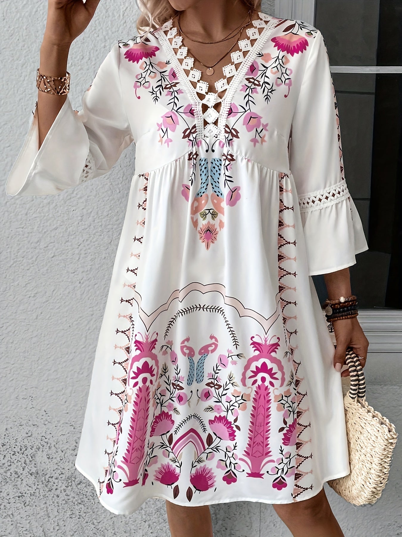 Women's Boho Embroidered Mini Dress with 3/4 Sleeves and V-Neck