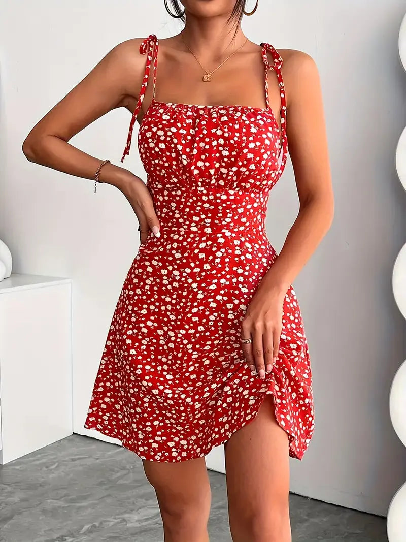 Women's Mini Dress with Floral Print and Tie Straps