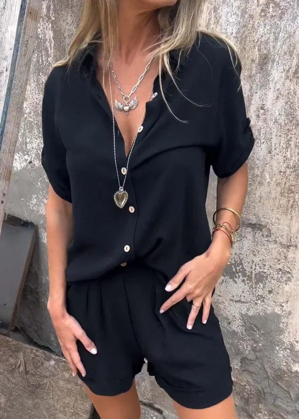 Women's Button-Up Two-Piece Shorts Set with Rolled Sleeves