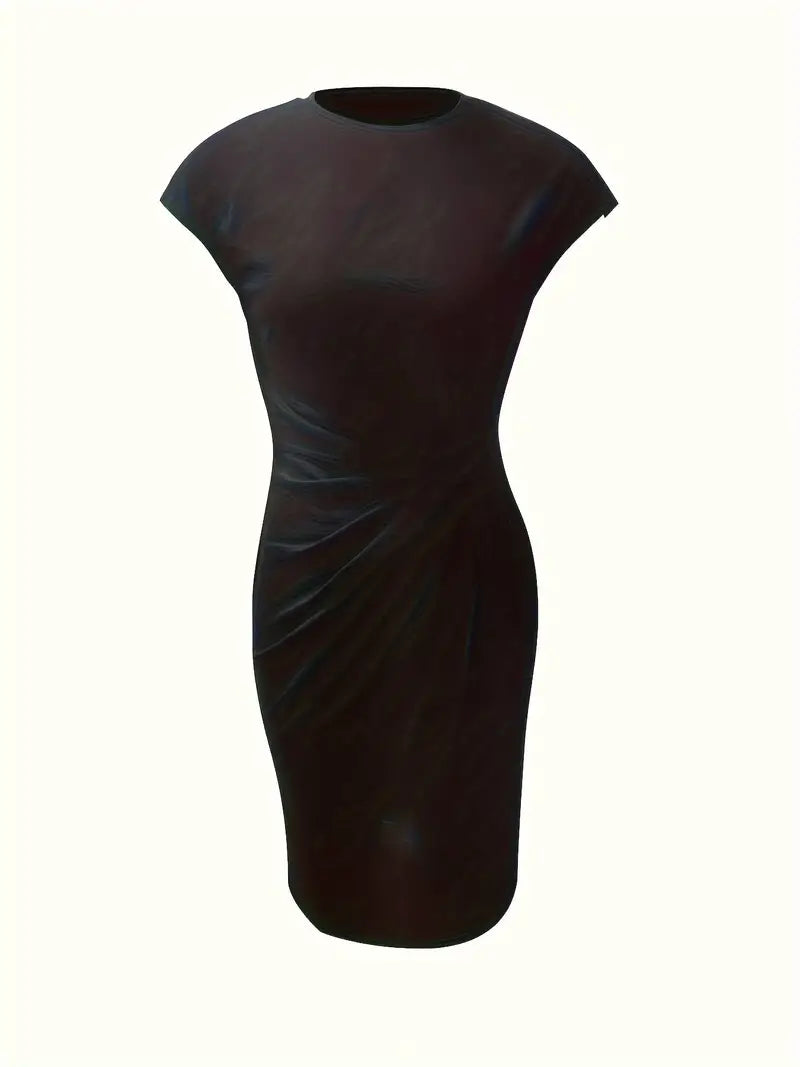 Women's Knee-Length Sheath Dress with Ruched Waist and Cap Sleeves