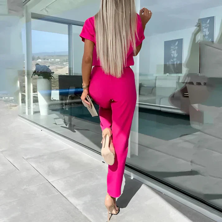 Women's Elegant Short Sleeve Jumpsuit with Waist Tie