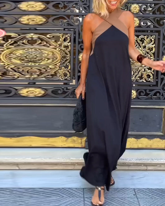 Women's Halter Neck Maxi Dress with Crisscross Strap Detail