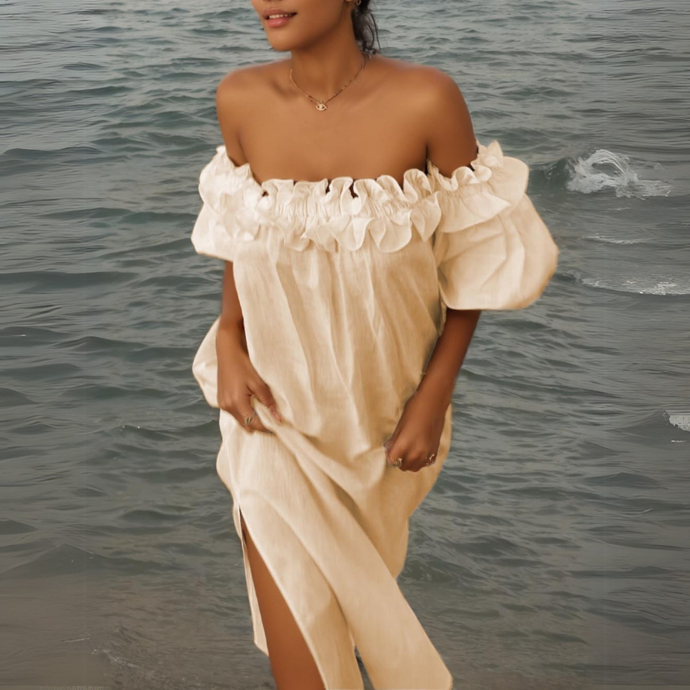 Women's Off-Shoulder Maxi Dress with Ruffle Trim and Puff Sleeves