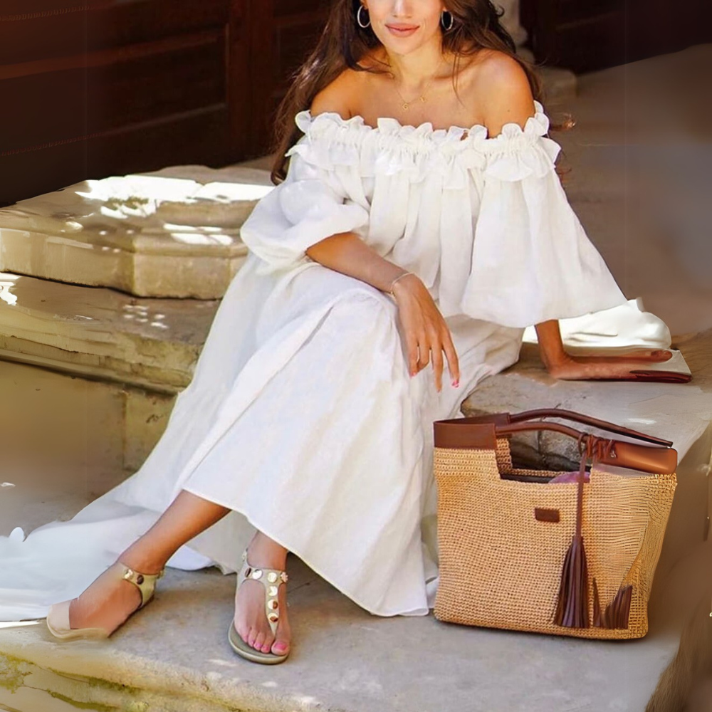 Women's Off-Shoulder Maxi Dress with Ruffle Trim and Puff Sleeves