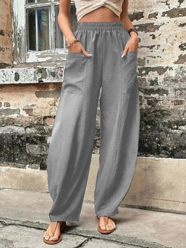 Women's Relaxed Wide-Leg Trousers with Elastic Waist and Side Pockets