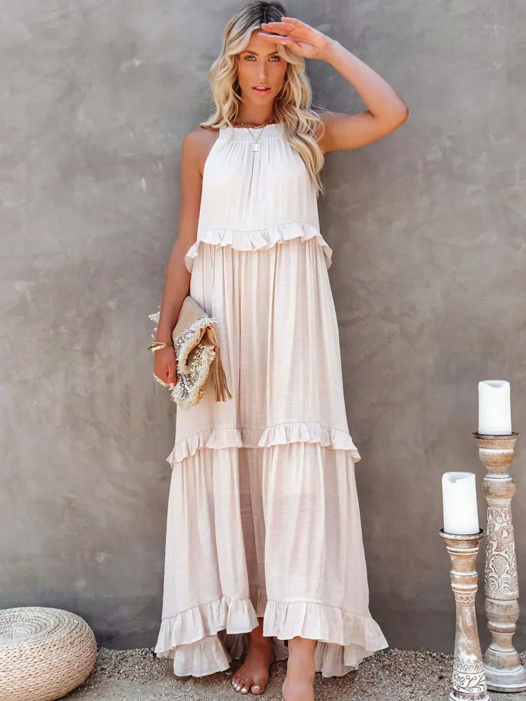 Women's Halterneck Maxi Dress with Ruffle Layers and Side Pockets