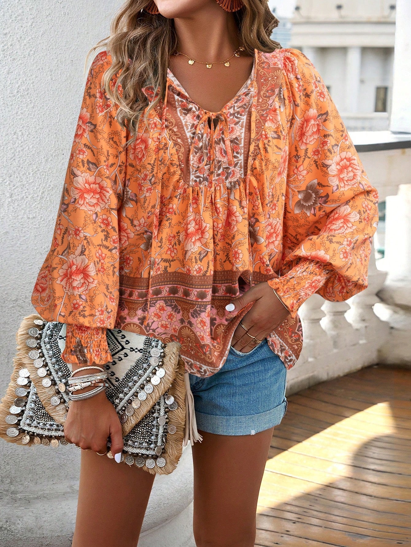 Women's Boho Floral Tunic Top with Long Sleeves and V-Neck Tie