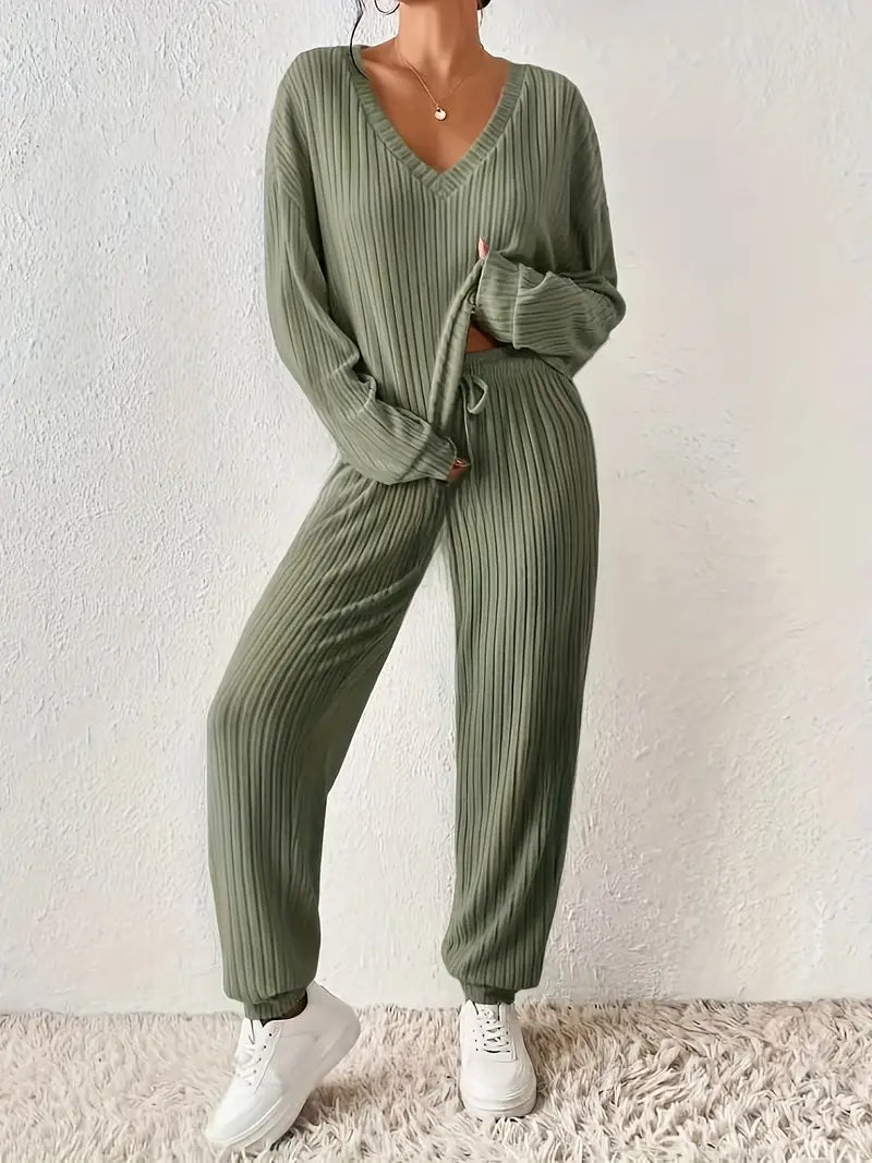 Women's 2-Piece Loungewear Set with Ribbed Long Sleeve Top and Pants