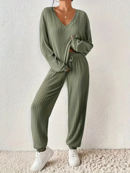 Women's 2-Piece Loungewear Set with Ribbed Long Sleeve Top and Pants