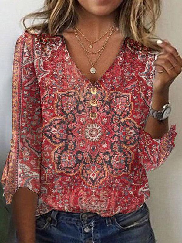 Women's Floral V-Neck Button-Down Blouse with Flowing Sleeves