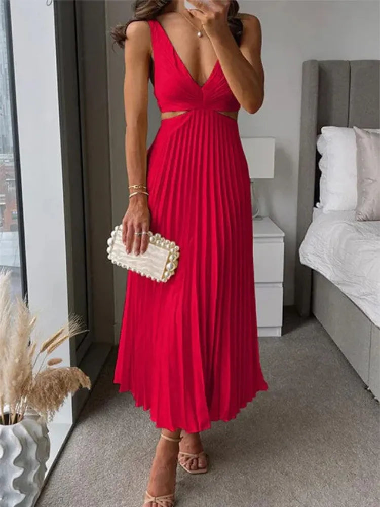 Elegant V-Neck Pleated Skirt Dress for Women