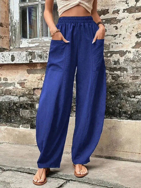 Women's Relaxed Wide-Leg Trousers with Elastic Waist and Side Pockets