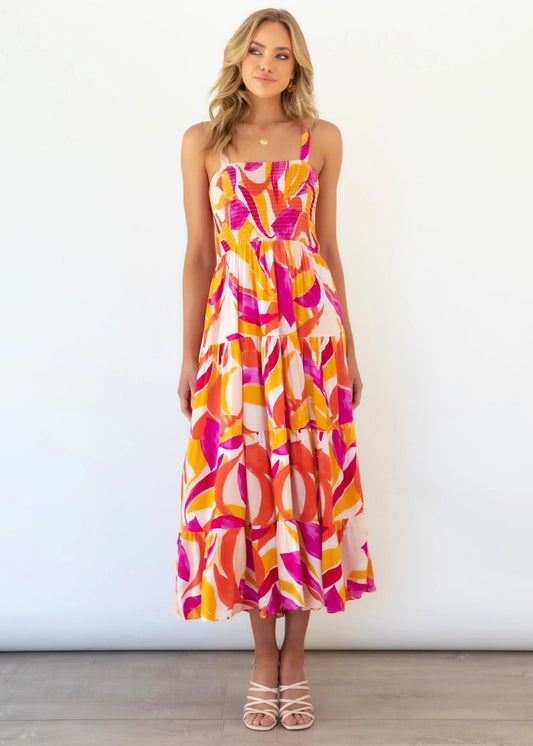 Women's Sleeveless Smocked Maxi Dress with Colorful Abstract Print