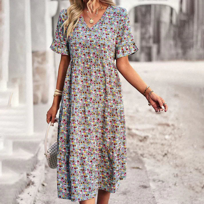 Women's Floral Midi Dress with Short Sleeves and V-Neck Design