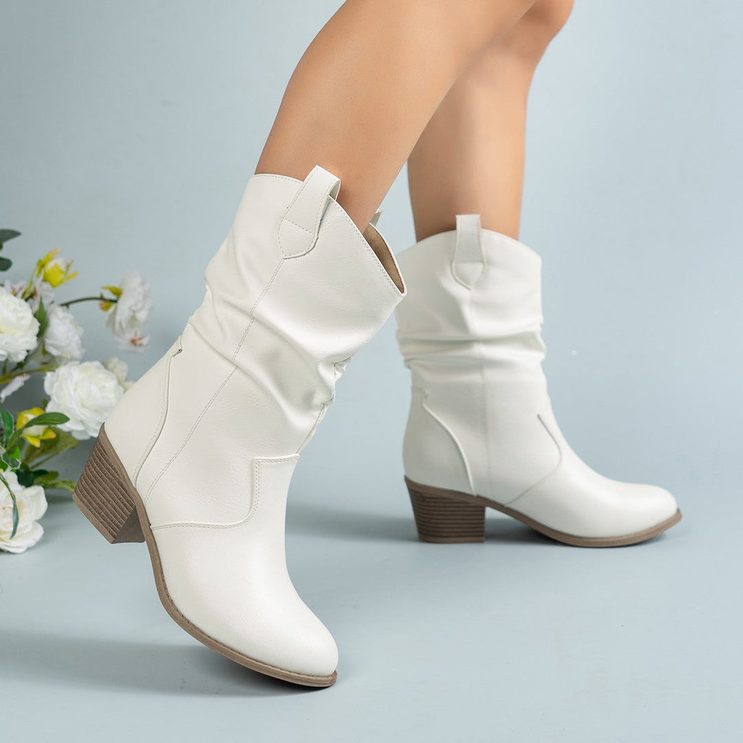 Women's Mid-Calf Western Cowboy Boots with Stacked Block Heel