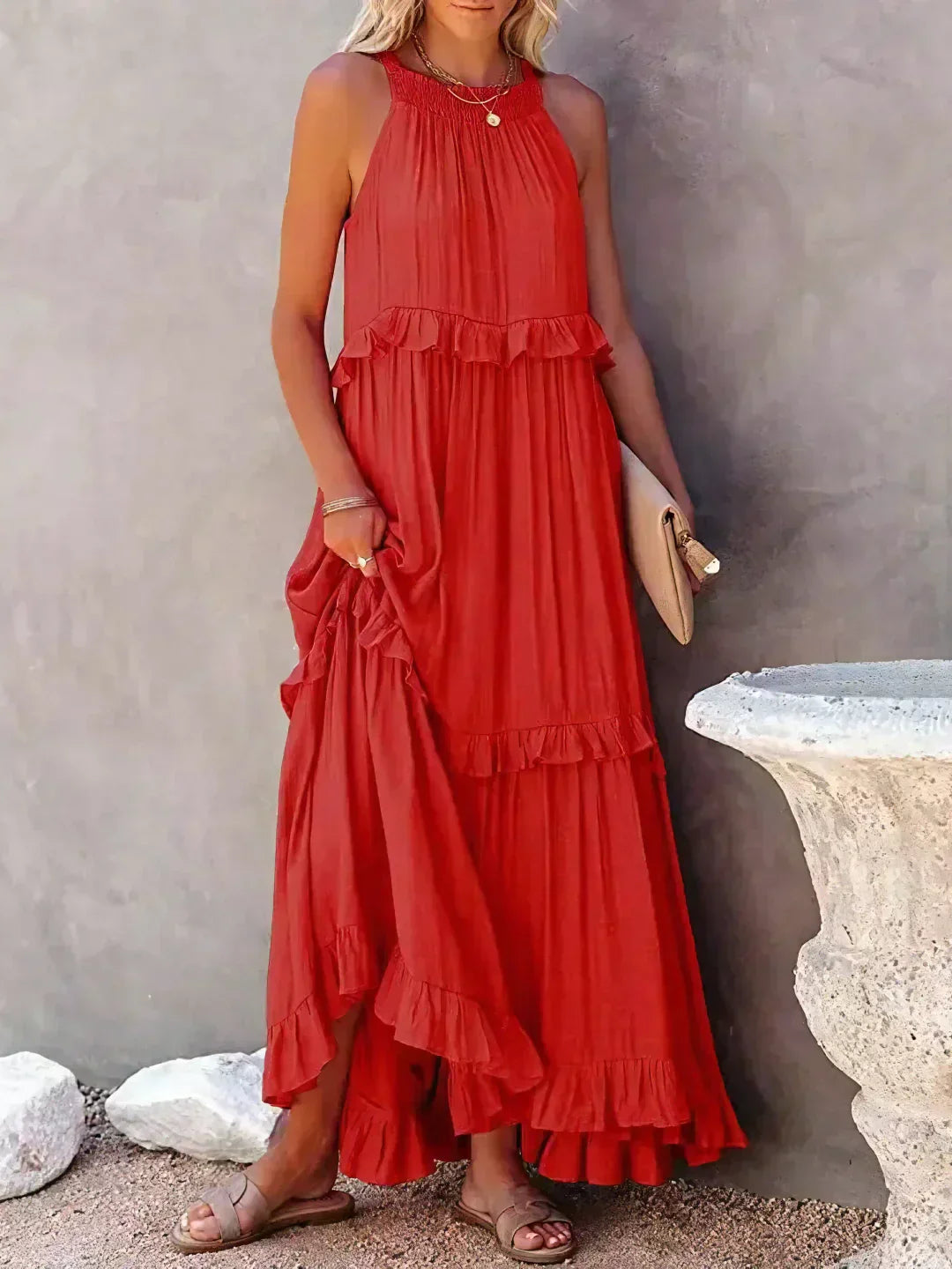 Women's Halterneck Maxi Dress with Ruffle Layers and Side Pockets