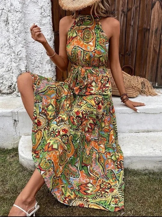 Women's Halter Neck Maxi Dress with Bohemian Print and Pockets