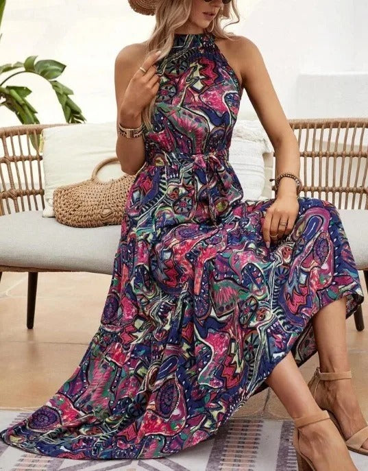Women's Halter Neck Maxi Dress with Bohemian Print and Pockets