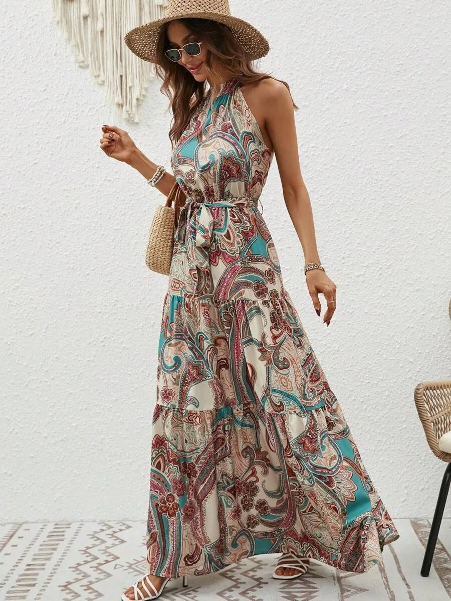 Women's Halter Neck Maxi Dress with Bohemian Print and Pockets