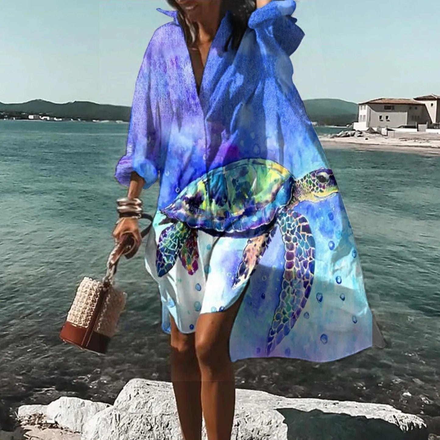 Women's Oversized Shirt Dress with Artistic Print and Button Front