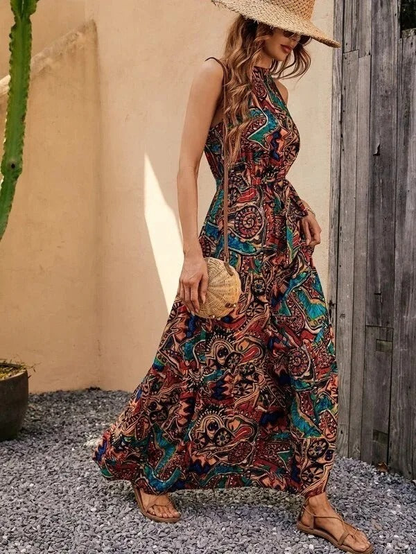 Women's Halter Neck Maxi Dress with Bohemian Print and Pockets