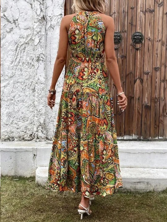 Women's Halter Neck Maxi Dress with Bohemian Print and Pockets