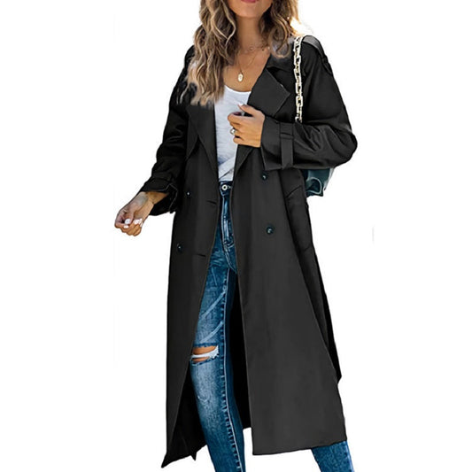 Women's Double-Breasted Long Trench Coat with Belted Cuffs