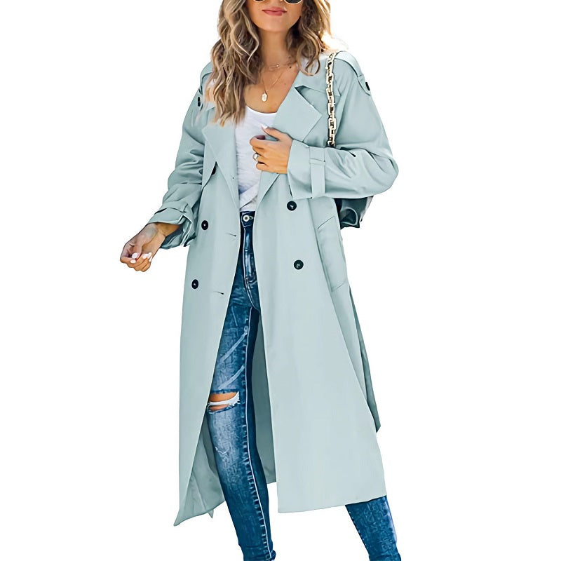 Women's Double-Breasted Long Trench Coat with Belted Cuffs