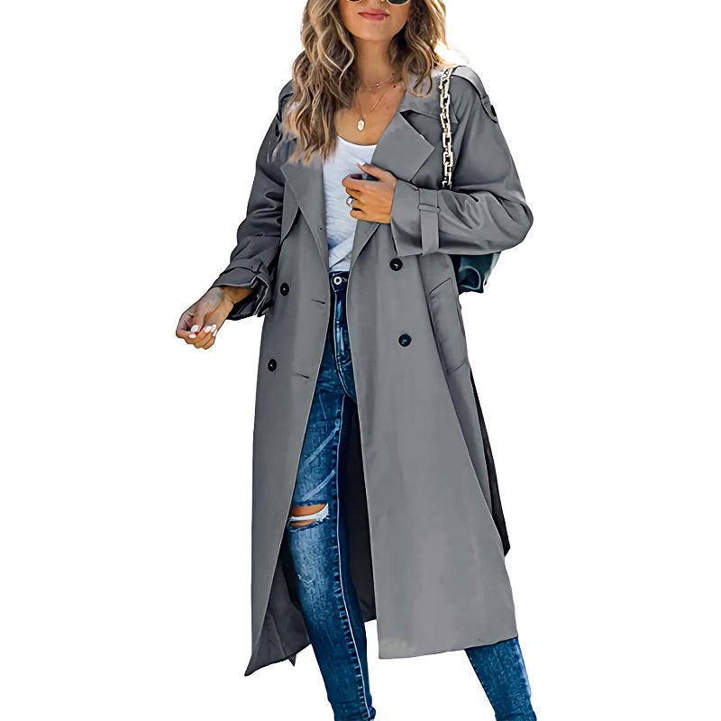 Women's Double-Breasted Long Trench Coat with Belted Cuffs