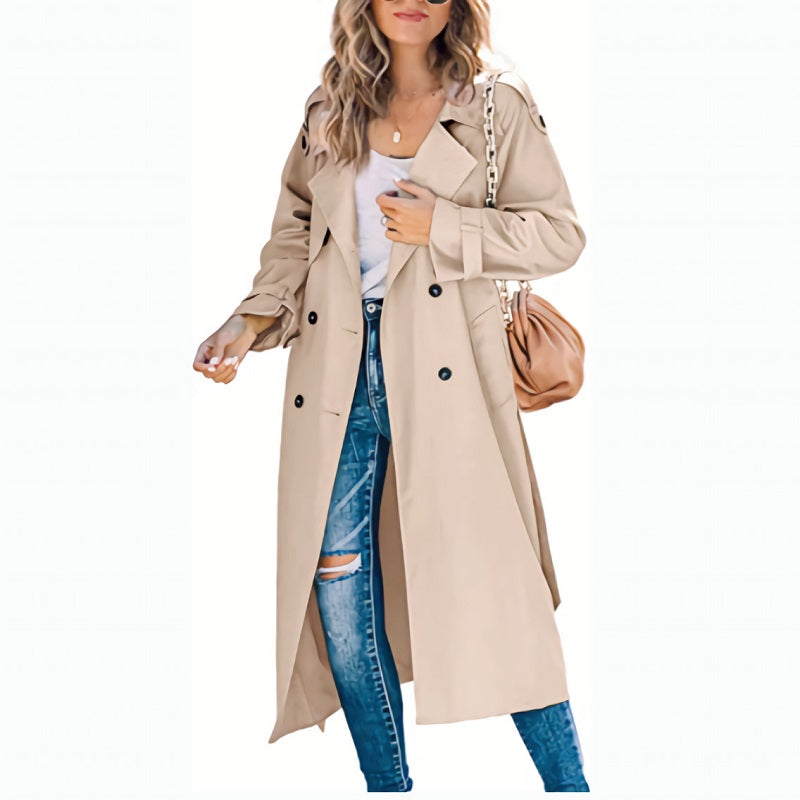 Women's Double-Breasted Long Trench Coat with Belted Cuffs