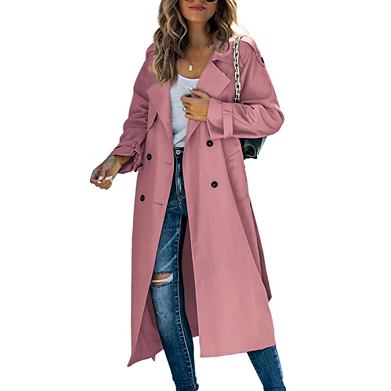 Women's Double-Breasted Long Trench Coat with Belted Cuffs