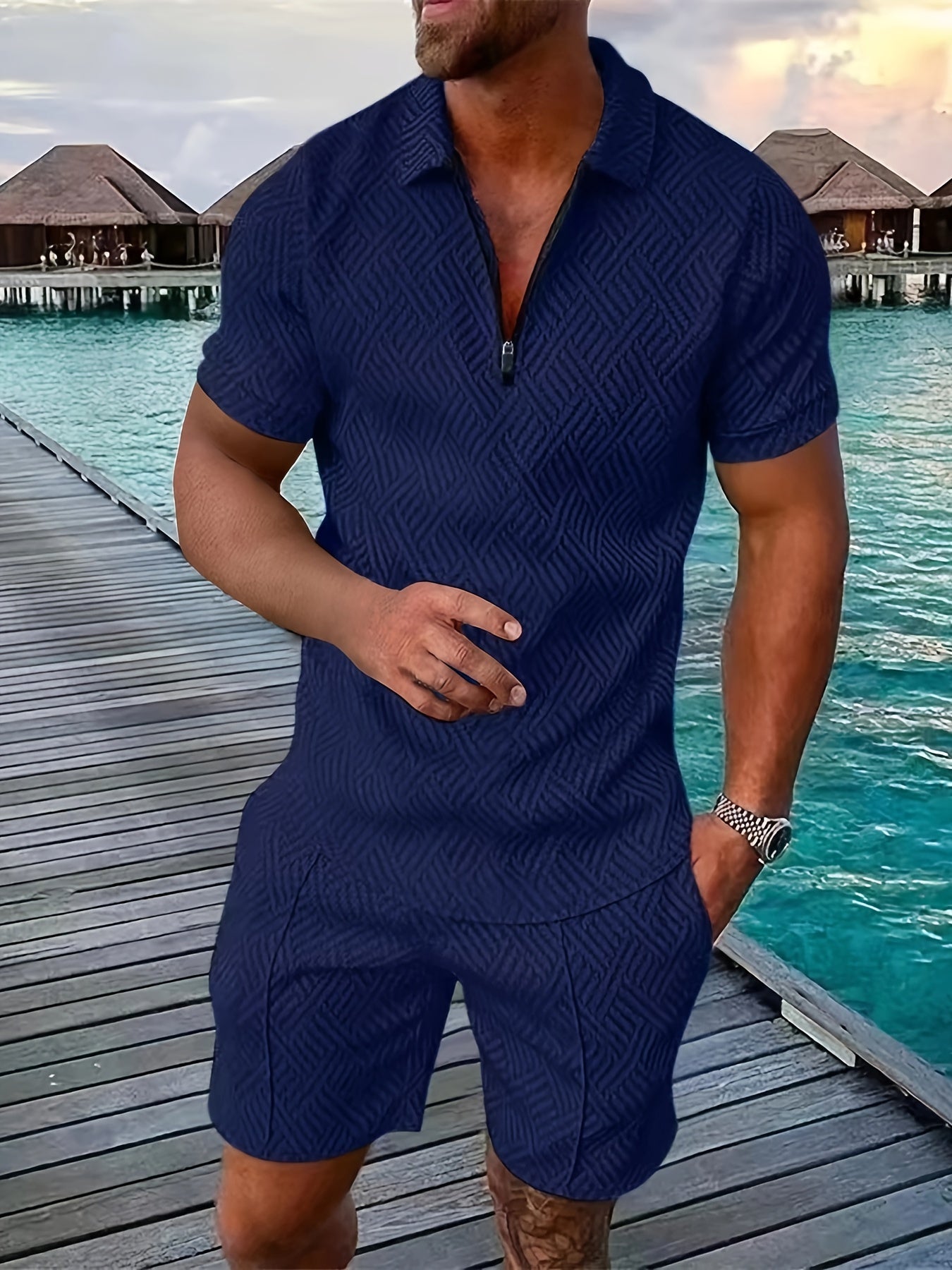 Men's Geometric Zip-Up Set for Casual Style