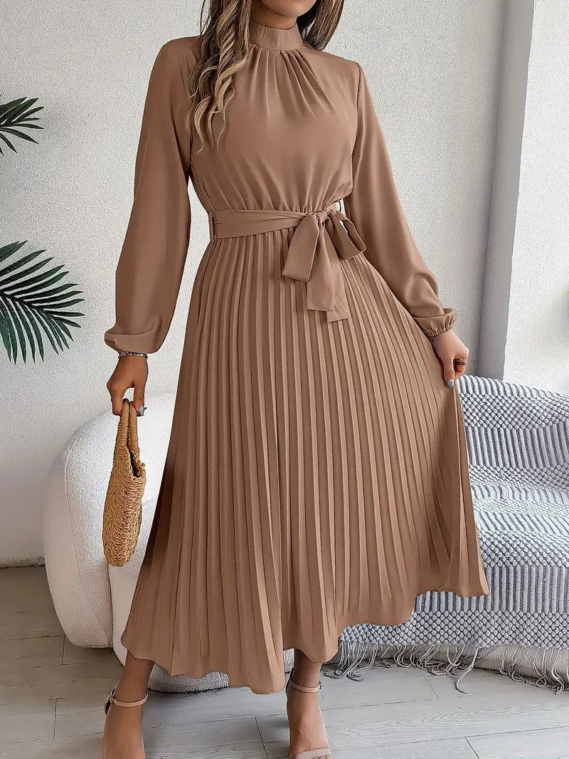 Women's Chic Pleated Midi Dress with Belted Waist