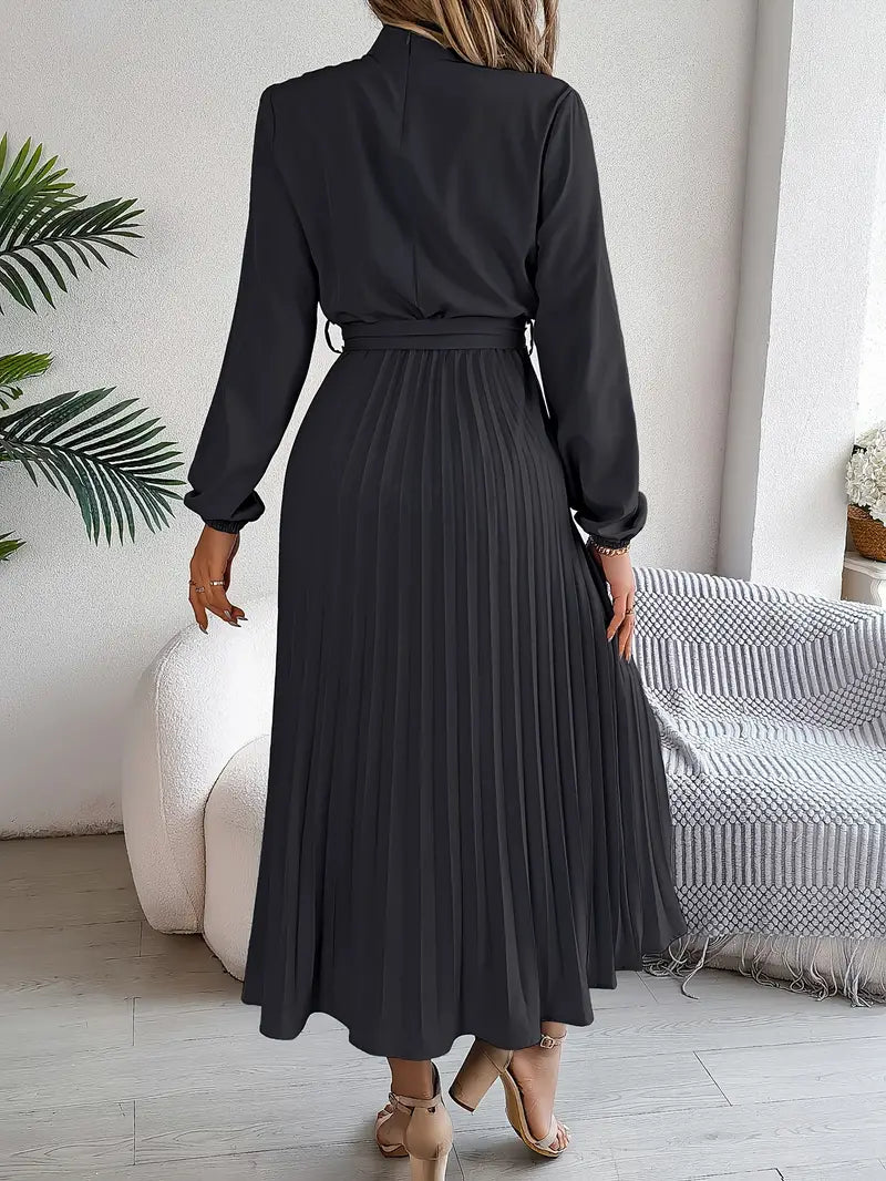 Women's Chic Pleated Midi Dress with Belted Waist