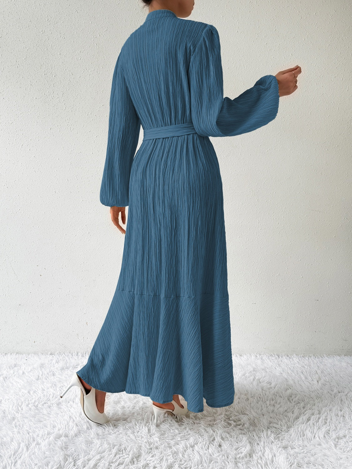 Women's Long-Sleeve Buttoned Maxi Dress with Waist Tie